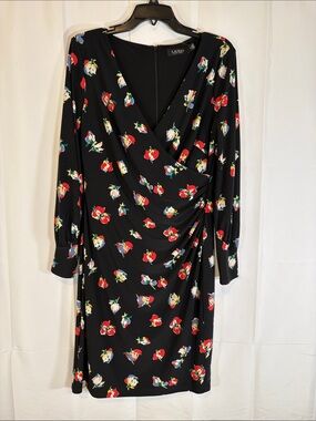 Lauren Ralph Lauren Black Wrap-Style Long Sleeve Dress with Red Floral Print